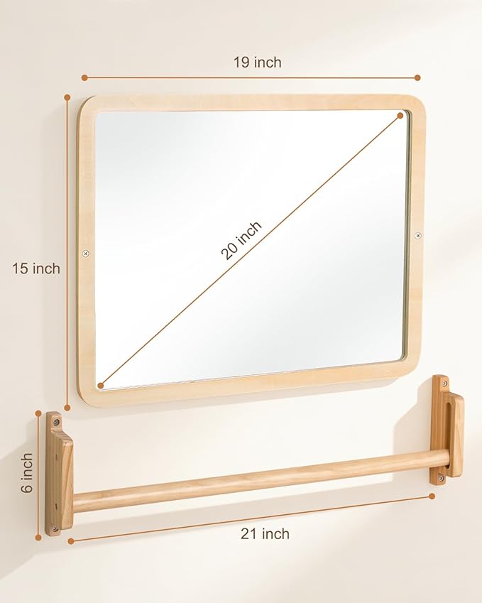 Montessori Mirror with Bar – Adjustable Baby Pull Up Bar, Anti-Rotation Design & Acrylic Safety Baby Mirror for Wall – Tummy Time, Pull to Stand Toys for Infant Toddler Nursery