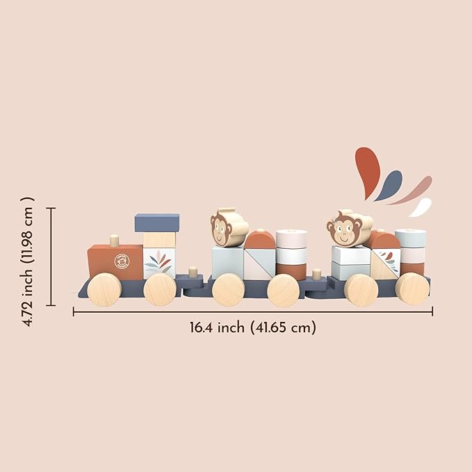 Speedy Monkey Wooden Pull-Along Train Stacker – Soft Colors, Monkey Character, Stacking Blocks, Build Houses | Non-Toxic Paint, Creative Fun, Ideal for Kids, Educational Toy for Toddlers
