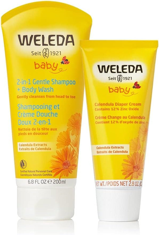 Weleda Baby Calendula 2-in-1 Gentle Shampoo-Body Wash and Diaper Cream Duo, 6.8 Fluid Ounce, 2.8 Fluid Ounce, Plant Rich Baby Care with Calendula and Sweet Almond Oil