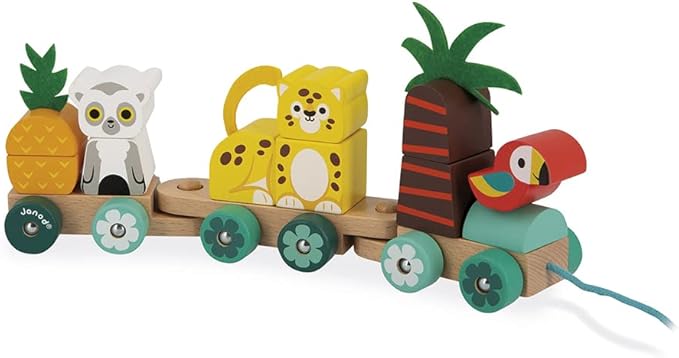 Janod - Tropik Tropical Pull-Along Train - 11 Pieces and 3 Cars - Ages 1 Year + J08272