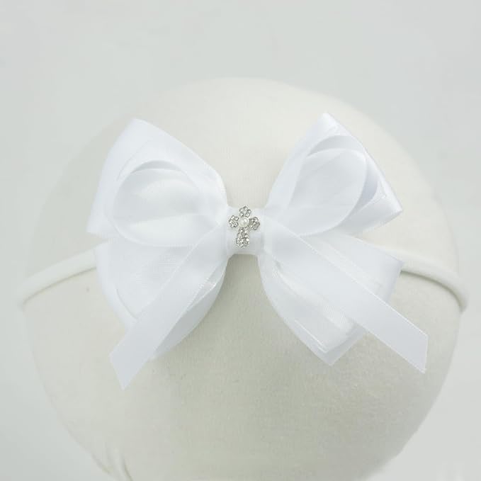 Nihao Baby White Lace Bow Big Baptism Headband for Baby Girls -1 PCS
