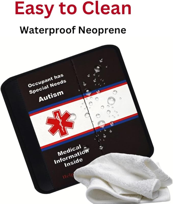 Autism Awareness Medical Alert Seatbelt Cover for Children in Car Seats (6”) Featuring an Emergency Information Form and Pocket by Help Belts. (Black/White)