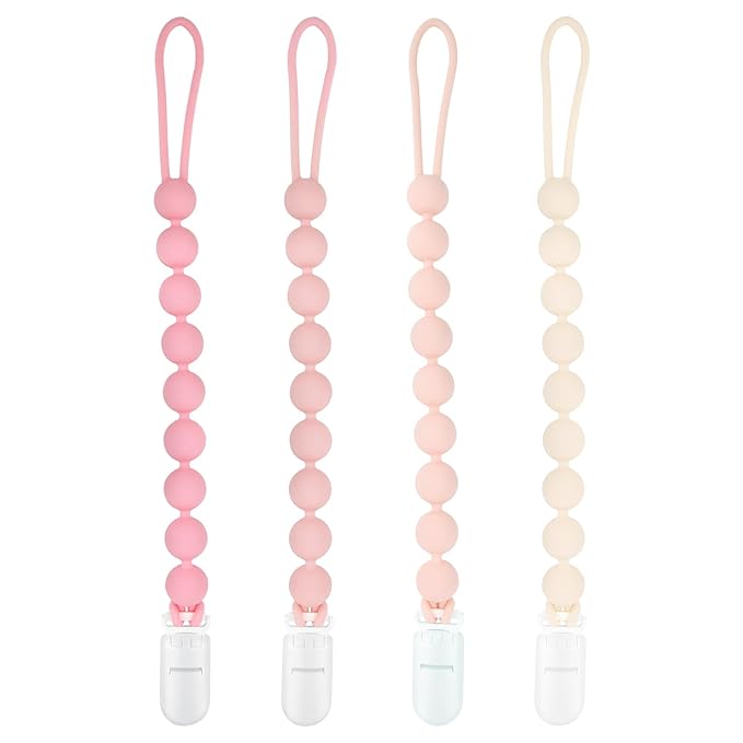 MINMUNJIU Baby Girl Newborn Essentials, 4 Pack Silicone Pacifier Clips for Girls, One Piece Flexible Soft Binky Clips Baby Stuff and Gifts for Girls