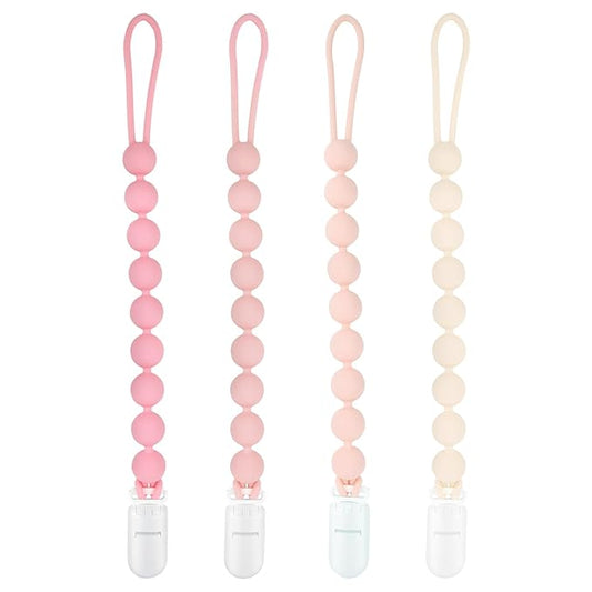 MINMUNJIU Baby Girl Newborn Essentials, 4 Pack Silicone Pacifier Clips for Girls, One Piece Flexible Soft Binky Clips Baby Stuff and Gifts for Girls