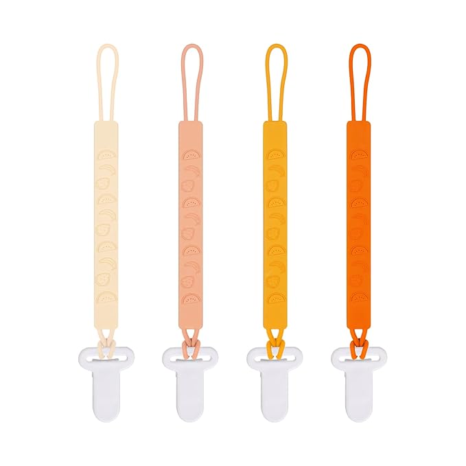 One Piece Design Silicone Pacifier Clip Holder for Baby Boys and Girls,Pack of 4 Flexible Paci Leash,Binky Clips,Newborn Essentials (Fruits, Yellow)