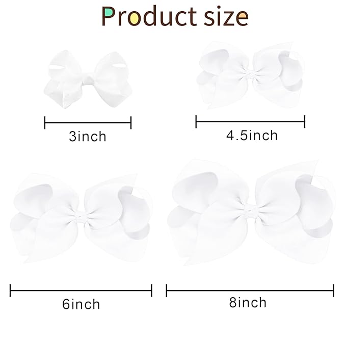 Oaoleer 8PCS Hair Bows for Girls White Grosgrain Ribbon Boutique Bow Alligator Clips Hair Accessories for Toddlers Little Girls Kids (8inch, 6inch, 4.5inch, 3inch in Pair)