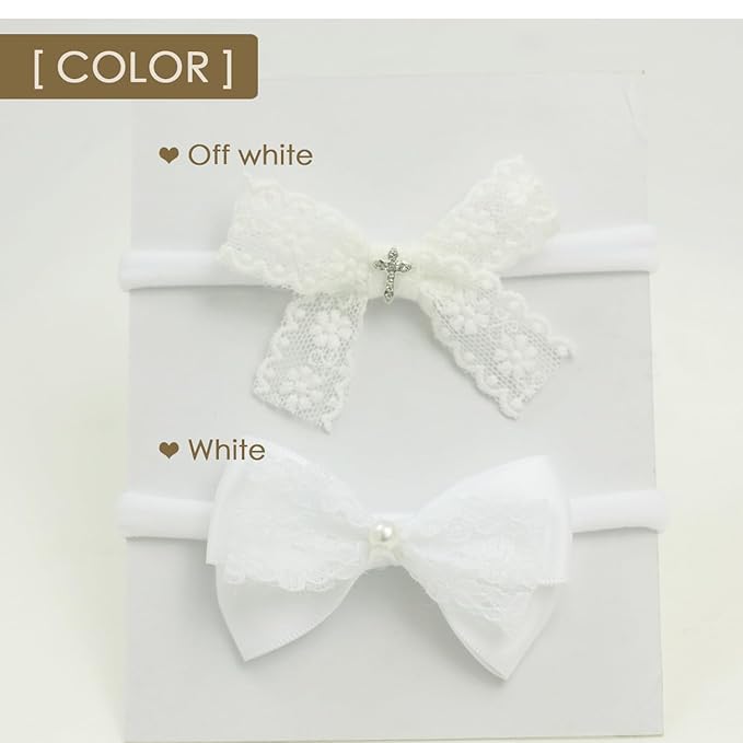 Newborn Girl Small White Lace Bow Baby girl Baptism Headband with Cross