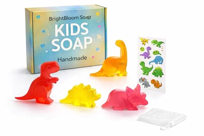 Kids Soap Bars (Set of 4) – Handmade Natural Dinosaur Shaped Soap for Children – Gentle Bath Soap for Sensitive Skin – Fun Gift for Kids with Bonus Dino Tattoos – Handmade in USA