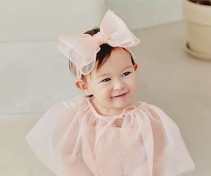 Baby Girls Lace Bow Headband Cute Chiffon Bow-Knot Toddler Hairband Elastic Soft Lace Infants Birthday Party Hair Accessories (Pink-5, One size)