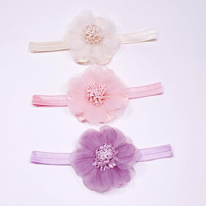 Large Flower Elastic headband for Baby Girl Infant Soft Fabric Chiffon Floral Hairband Toddler Newborn Christening Baptism Hair Accessories (Flower 5 - Pink, Elastic)