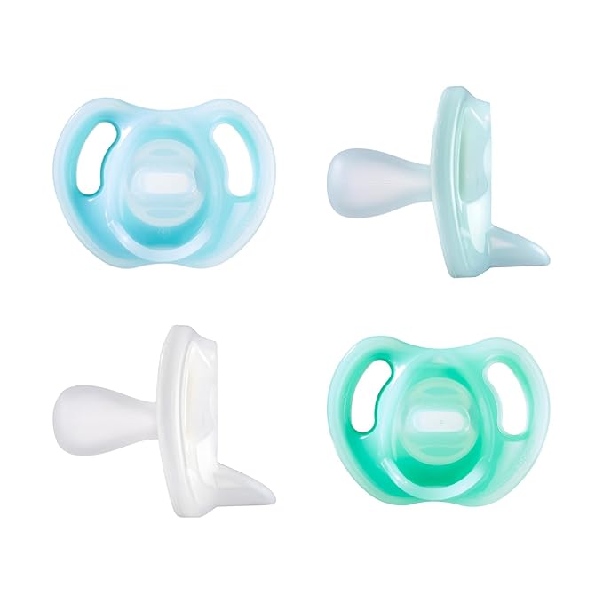 Tommee Tippee Ultra-Light Silicone Pacifier,0-6 Months,Symmetrical One-Piece Design,BPA-Free Silicone Binkies,Blue/Green/Clear,(Pack of 48)