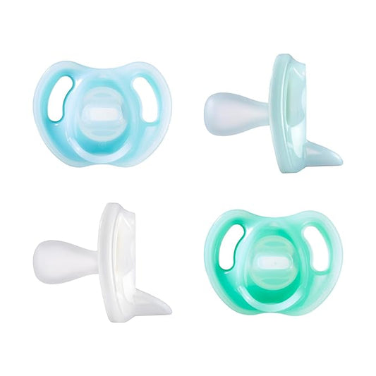 Tommee Tippee Ultra-Light Silicone Pacifier,0-6 Months,Symmetrical One-Piece Design,BPA-Free Silicone Binkies,Blue/Green/Clear,(Pack of 48)