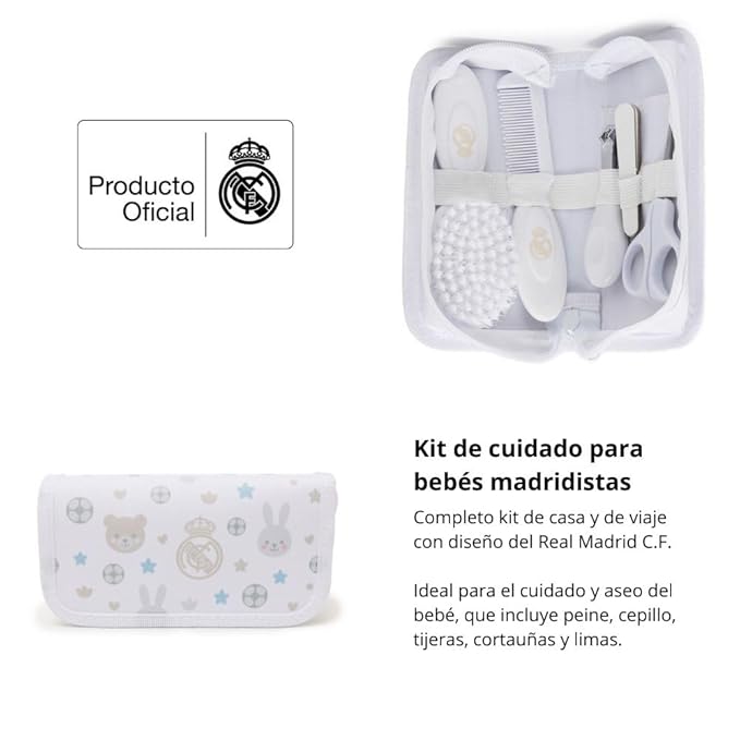 Real Madrid Grooming Kit, Baby Essentials, Case with Comb, Soft Brush, Scissors, Nail Clippers and Files, Case Bag with Cute Club Design, +0 Months | RM Official License