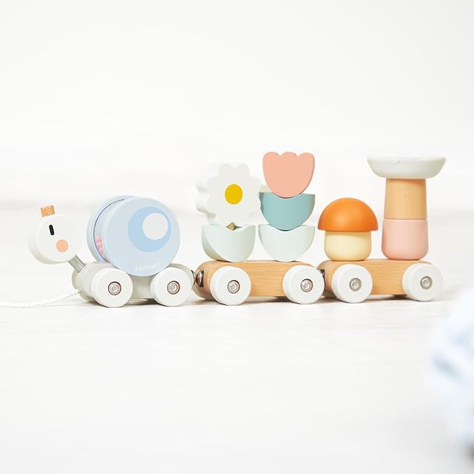Janod Snail Train - 2 Wagons and 10 Pieces Including Removable Rattle - Pull Toy - Wood and Water Painting - Develop Fine Motor Skills - from 12 Months, J04010, Multi-Coloured
