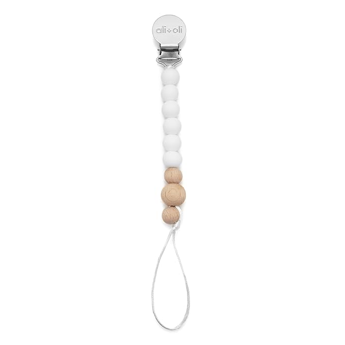 Ali+Oli Silicone Pacifier Clip for Baby (White Wood) 100% Food-Grade BPA Free Newborn Pacifier Holder Infant Binky Clip for Baby Boy or Girl