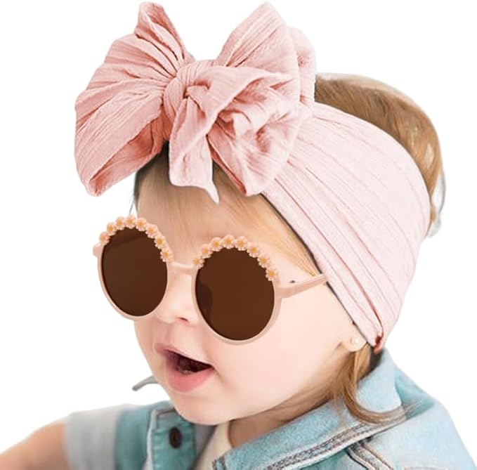Baby Girls Soft Bows Headband and Daisy Flower Sunglasses Set Hair Bow Headwrap Hair Accessories for Toddler Infant