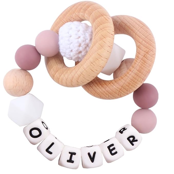 Personalized Baby Rattle Ring with Name,Custom Silicone Bracelet Rings Stroller for New Baby Newborn Shower Gift (Wooden Rings)