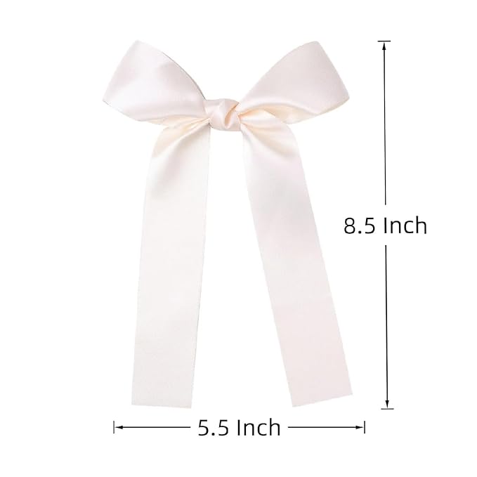2-Pack Long Satin Ribbon Hair Bows for Girls – Elegant Silk Hair Clips for Toddlers, Infants, Teens & Kids - Ivory