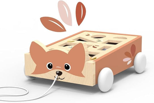 Speedy Monkey Fox Blocks Cart for Toddlers 12m+ | Wooden Block Wagon Pull Toy with 24 Multicolor Blocks | Educational Shape Sorting & Building Toy for Kids | Early Learning Play for Boys & Girls