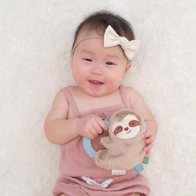 Itzy Ritzy - Ritzy Rattle Pal with Teether - Baby Teething Toy Features A Minky Plush Character, Gentle Rattle Sound & Soft Teether Toy for Newborn (Sloth)