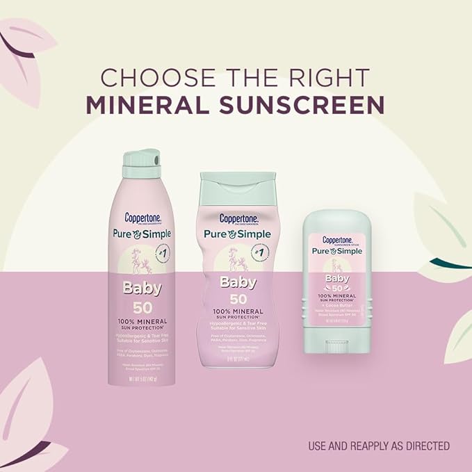 Coppertone Pure and Simple Baby Sunscreen Lotion SPF 50, Zinc Oxide Mineral Sunscreen for Babies, Hypoallergenic and Tear Free, 6 Fl Oz Bottle