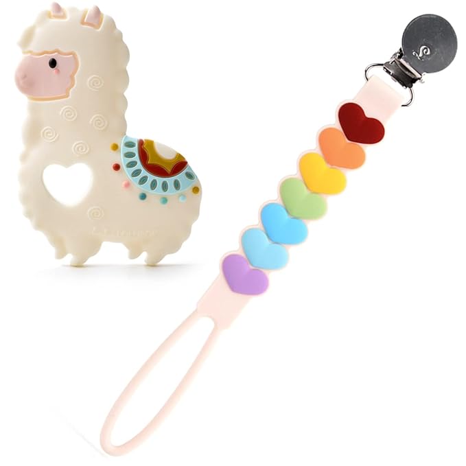 Loulou Lollipop Silicone Teether and Holder Clip Bundle Set - Llama/Sweetheart Rainbow