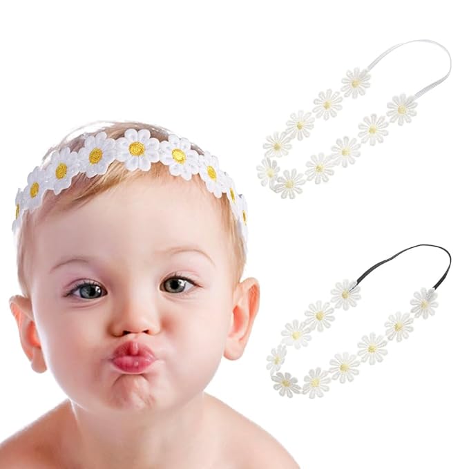 2PCS Little Daisy Flower Elastic Baby Girl Headbands Floral Crown Hairbands for Newborn Infant Toddler Party Birthday Wedding Hair Accessories Outdoor Photography Props