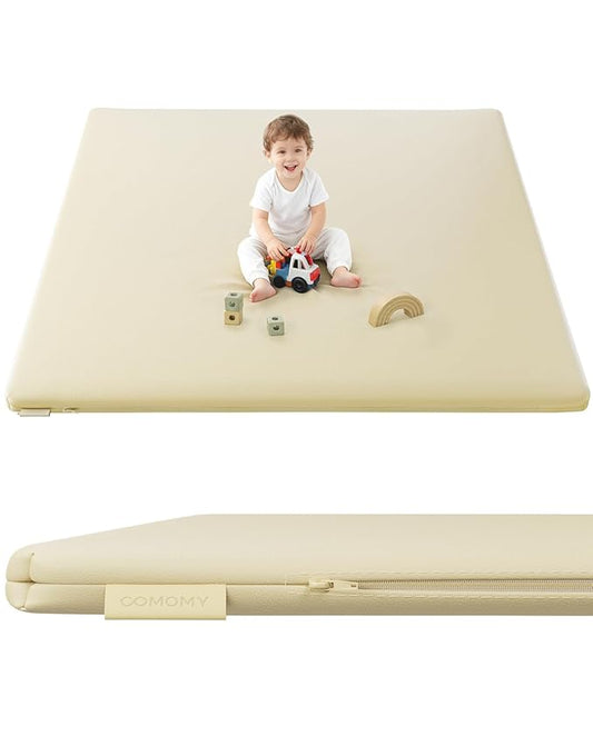 COMOMY Vegan Leather Baby Play Mats for Floor, 50 x 50 Play Mat for Playpen, Thickened High-Density Foam Playmats for Babies and Toddlers - Extra Soft and Resilient, Easy to Wipe Clean, Ivory