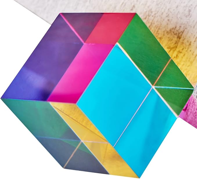 CMY Colorful Cube, 3.15 inch (80mm) Acrylic Mixing Color Cube Prism for Physics Education Learning and Office Desktop Decor, Scientific Toys and Gifts for Kids
