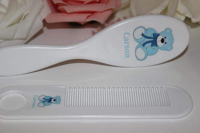 Personalized Gift - Personalized Baby Brush & Comb Set, Any Name, Soft Nylon Bristles, Blue Teddy Bear Design or Design Your own. Same Day Dispatch.