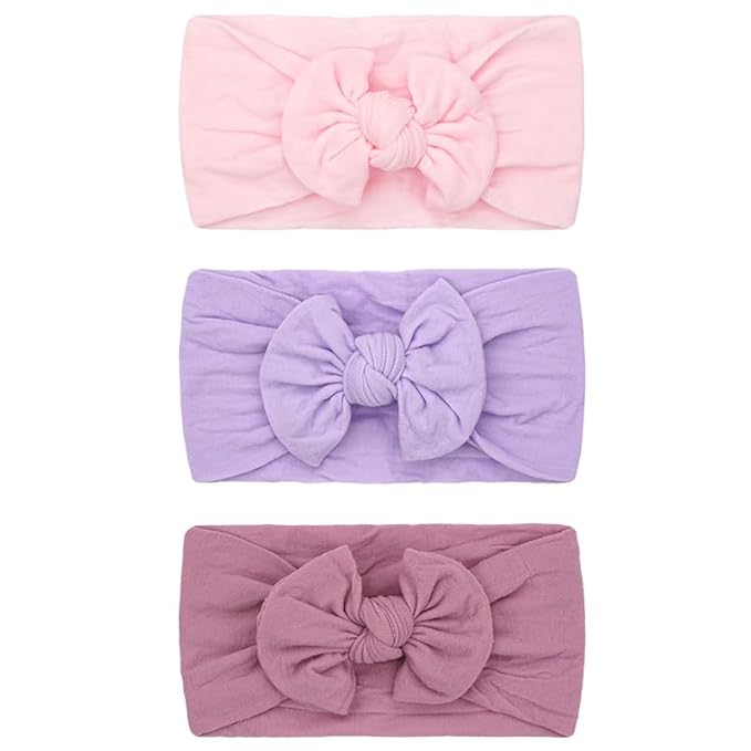 JOYOYO 3 Colors Soft Wide Turban Baby Headbands with 4.5 inches Hair Bow Headbands for Baby Girls Infants Newborn Hair Accessories Toddlers Kids and Children(Pink Purple Purple)