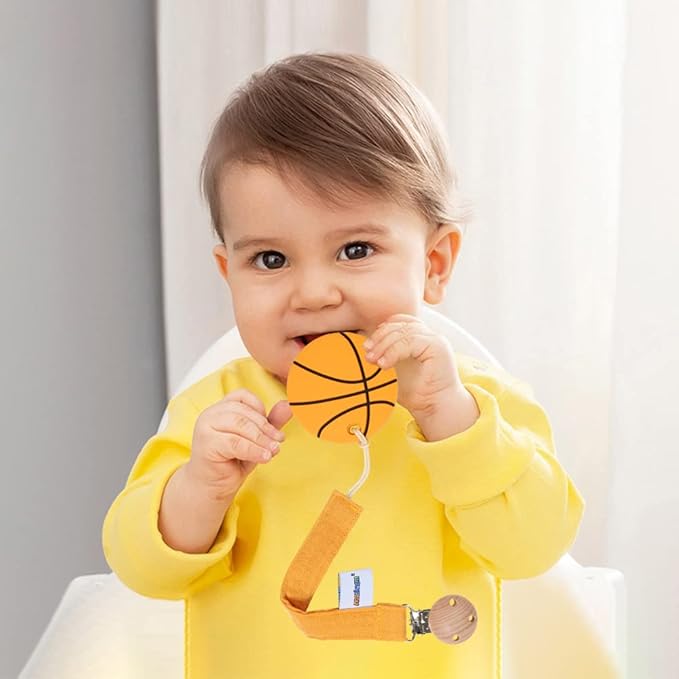 Baby Food Grade Silicone Sports Shape Teether Toy with Pacifier Clip Holder,Teething Pain Relief Toys Gift Set for 3 Months+ Boys and Girls,Freezer Safe,BPA Free (Basketball)