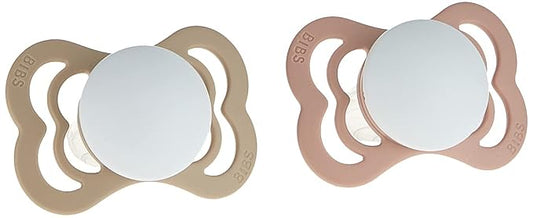 BIBS Supreme Baby Pacifier 2-Pack | Made in Denmark | BPA Free Dummy Soother, Symmetrical Nipple. Silicone, Size 1 (0-6 Months), Blush Glow/Vanilla Glow
