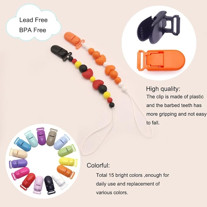 60 Pcs Pacifier Clip Holder Plastic Baby Binky Clips for DIY Dummy Teether -Keep Pacifiers and Mittens Secure with Paci Clip Mix 15 Colors