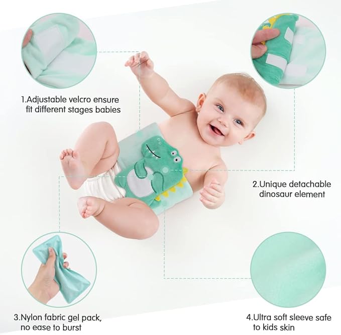 Hilph Baby Colic, Gas and Upset Stomach Relief, Heated Warmer Tummy Wrap with 2 Gel Packs for Newborns and Infants, Baby Heating Pad Swaddling Belt Natural Relief (Green Dinosaur)