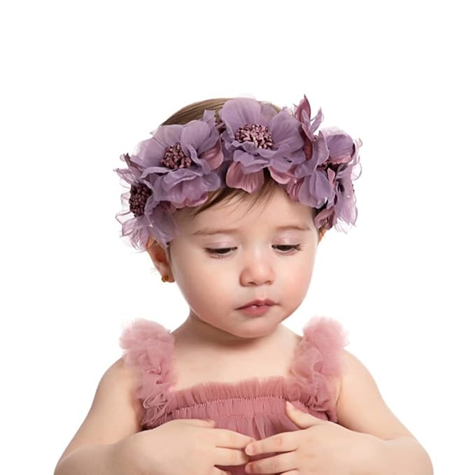 Bethynas Baby Girls Flower Cluster Headband Soft Lace Cloth Floral Head Wear for Wedding Party Cute Flower Hair Band for Toddlers Flower Girls (Purple)
