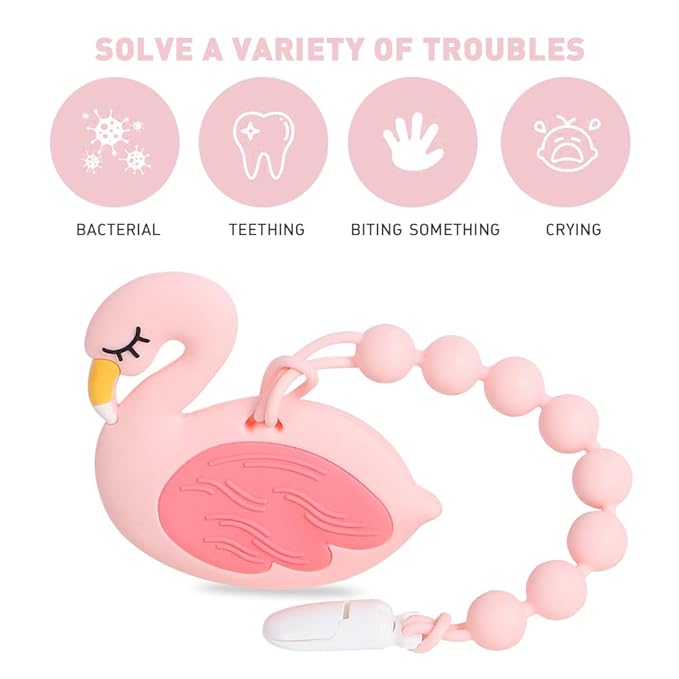 Baby Teething Toys,Food Grade Silicone Teether with One-piece Pacifier Clip Holder,Baby Gift,Highly Effective Pain Relief for 3 Months+ Boy and Girl,BPA Free,Freezer Safe. (Pink Flamingo)