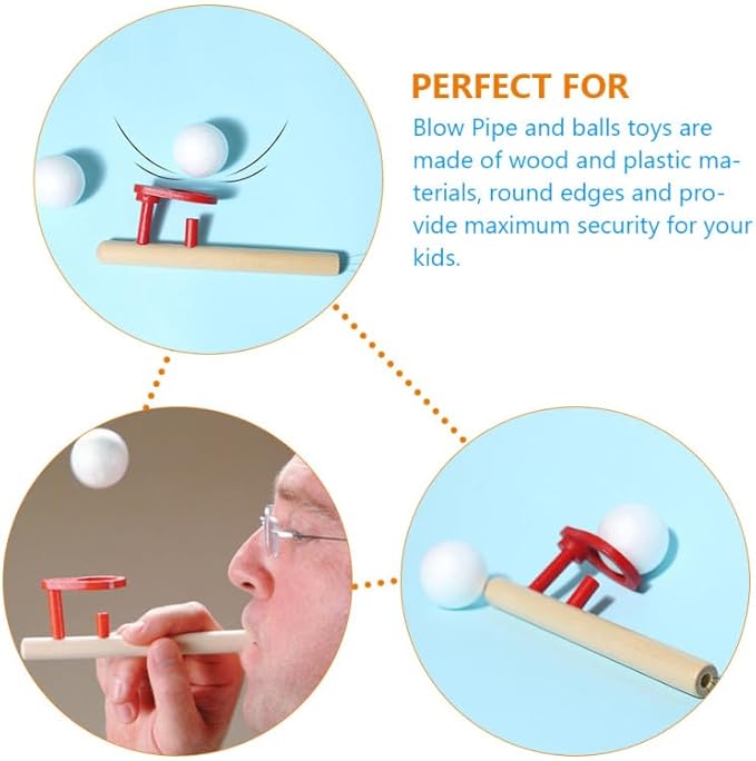 Toddmomy 4pcs Floating Blow Pipe Game, Wooden Balancing Ball Toys for Kids Speech Therapy, Breath Control Training, Sensory Fun Gift for Party Favors