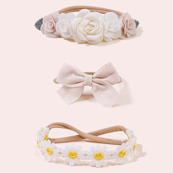 cherrboll Baby Girl Nylon Headbands, 3Pcs Handmade Floral Hair Bows, Stretchy Flower Hairbands for Newborns Infants Toddlers