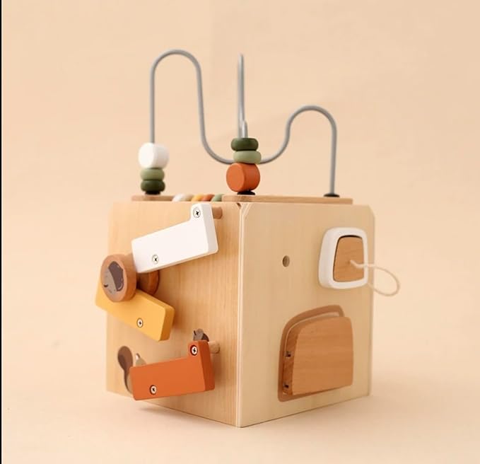 Wooden Activity Cube, Bead Maze, Gears, Shapes, Rabbit Figure, 10 x 10 x 10 inches