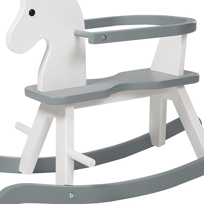 Roba Wooden Rocking Horse - White & Gray - Solid Wood Lacquered, Ride-On, Grows With the Child, Removable Protective Ring, 55 Lb Capacity, For 18+ Months