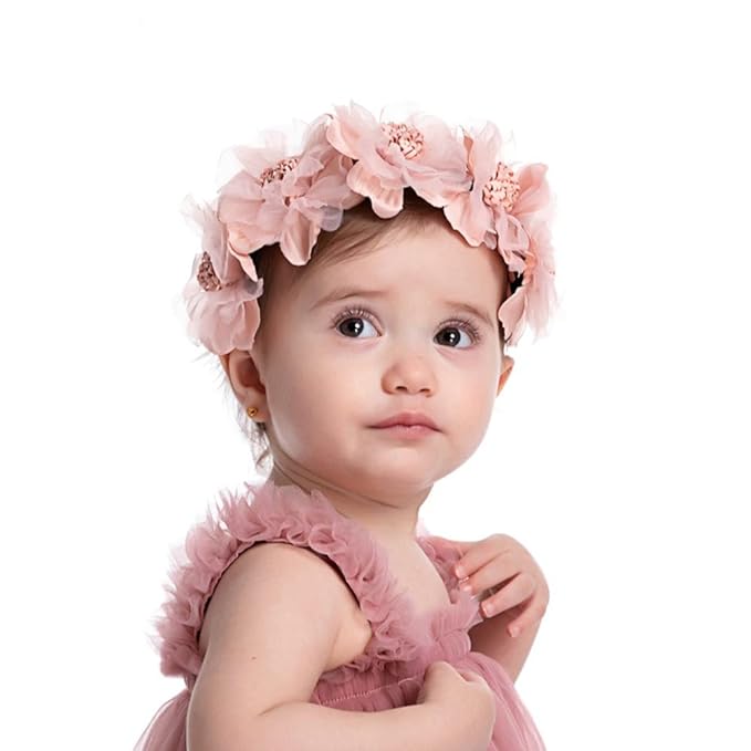 Bethynas Baby Girls Flower Cluster Headband Soft Lace Cloth Floral Head Wear for Wedding Party Cute Flower Hair Band for Toddlers Flower Girls (Pink)