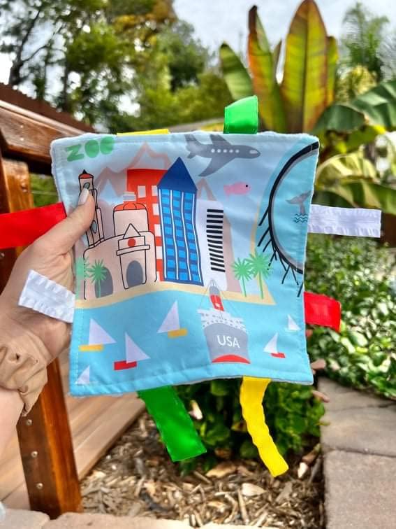 Baby Jack & Co 8x8” Learning Lovey San Diego California Tag Toys for Babies - Baby Crinkle Toys - Soft & Safe - Learn USA Cities and Shapes - Ideal Baby Toy & Gift BPA Free w/Stroller Clip