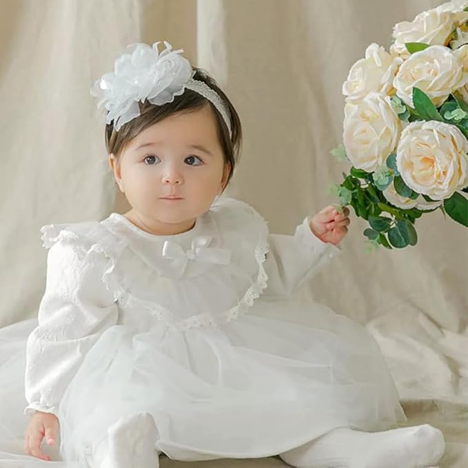 White Lace Flower Headband for Baby Girls Toddler Christening Baptism Hairband Soft Lace Floral Birthday Party Hair Accessories for Newborn Infants Kids (Style 7, One size)