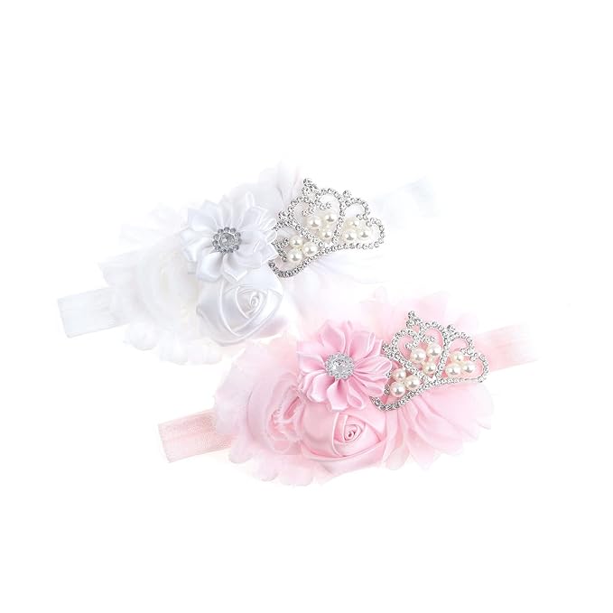 Nishine Baby Christening Headband Toddler Girls Fabric Flower Headband Tiara Stretchy Elastic in Pairs (Child, White/Pink)