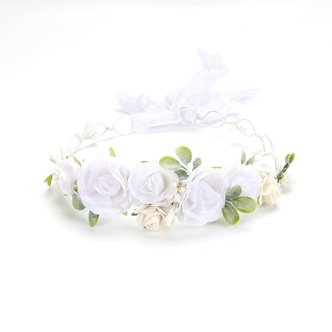 White Flower Crown for Girls Floral Headpieces Kids Headband Wedding Halo Festivals Hair Pieces Boho Rose Children Hair Wreath Photo Prop (Bright White-Child Size)