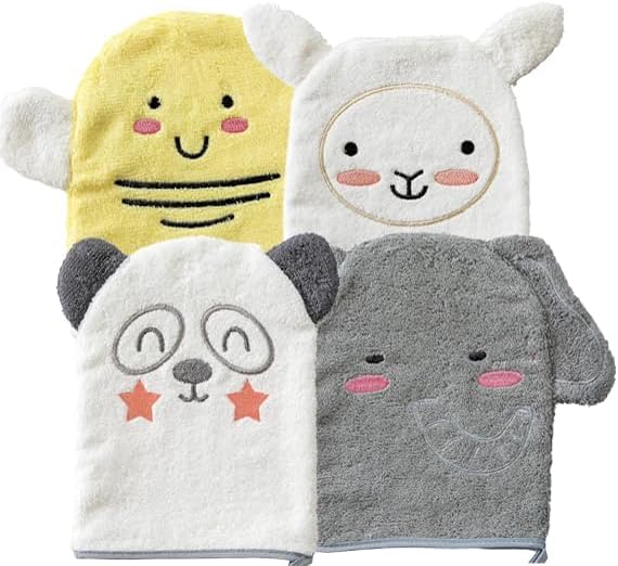 Idea Liftoff™ Baby Wash Cloth Bath Mits (4 Count Assorted), Gray, White, Yellow, Pink