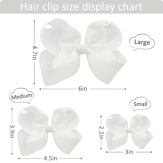Hair Bows for Girls Alligator Clips White Grosgrain Ribbon Solid Color Hair Accessories for Little Teen Toddler Girls Kids (6inch ×2, 4inch ×2, 3inch ×2)