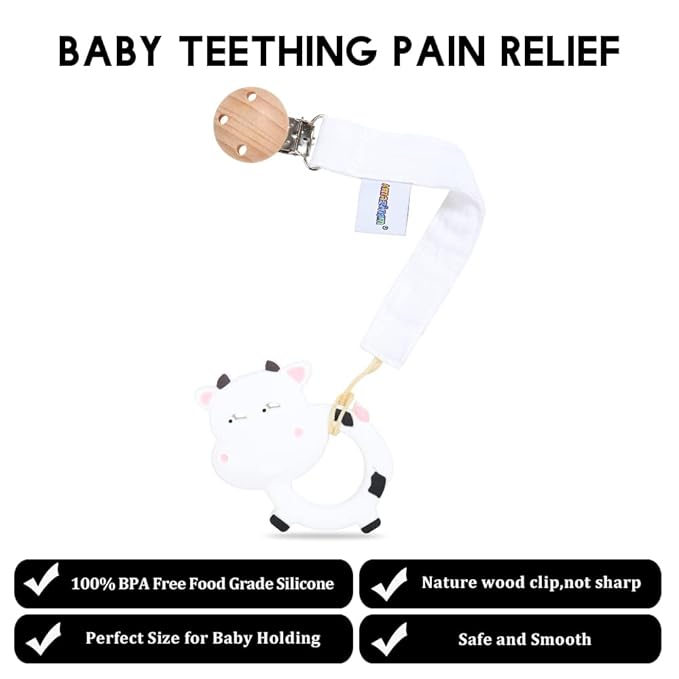 Baby Food Grade Silicone Teether Toy with Pacifier Clip Holder,Teething Pain Relief Toys Gift Set for 3 Months+ Boys and Girls,Freezer Safe,BPA Free (Cow)
