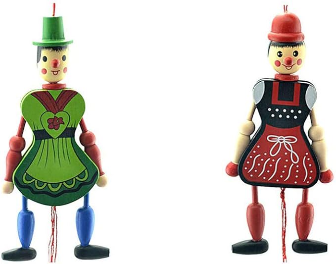 Pull String Puppet Toy 4 Pieces, Creative Puppet Toy Funny Wooden Toy Ornament Hanging Children Birthdays Gift